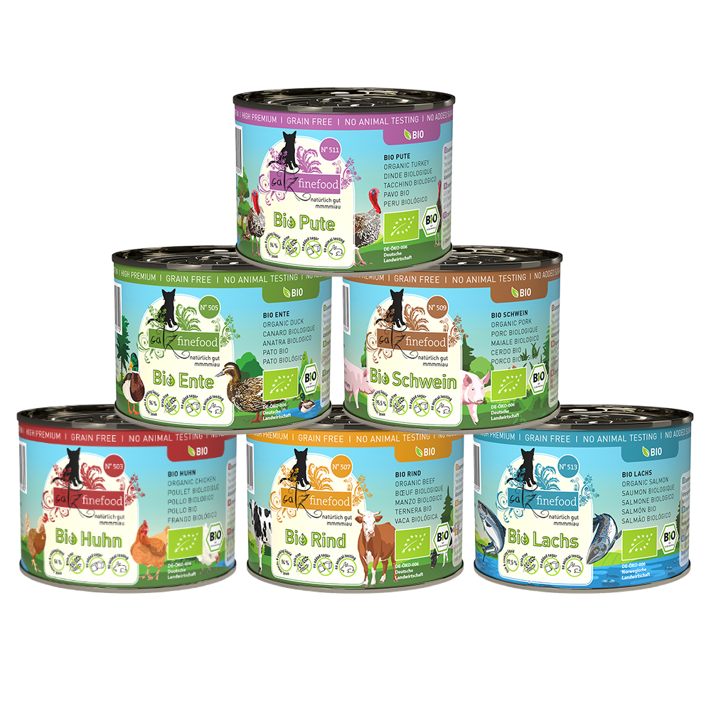 foto del prodotto set prova misto catz finefood bio 6 x 200 g 6 varianti bio manzo, tacchino, salmone, maiale, anatra, pollo