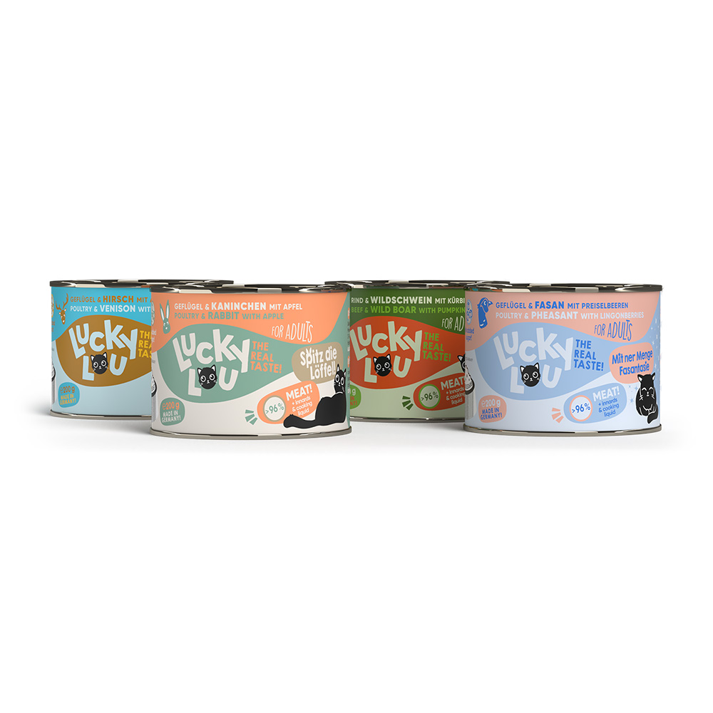 foto del prodotto set prova misto lucky lou adult 6 x 200 g umido gatto mix wild 2x pollame fagiano, 2x pollame coniglio, 1x manzo cinghiale , 1x pollame e cervo