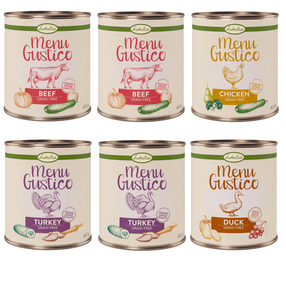 foto del prodotto set prova misto lukullus menu gustico alimento umido per cani 6 x 800 g 2xmanzo, 2xtacchino, 1xpollo, 1xanatra 