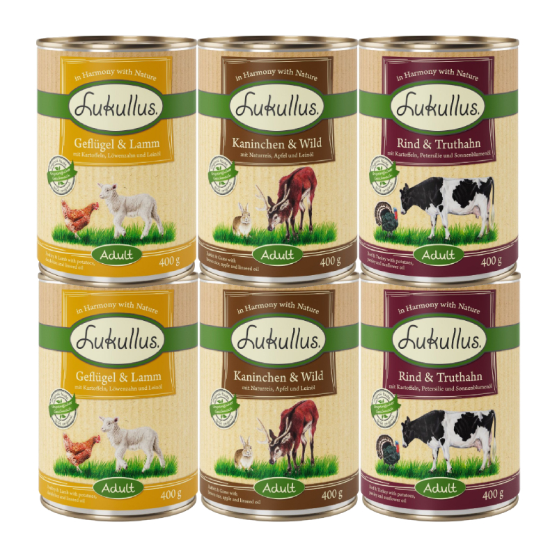 foto del prodotto set prova misto lukullus naturkost 6 x 400 g mix 6 x 400 g 2x manzo, pollame, coniglio 