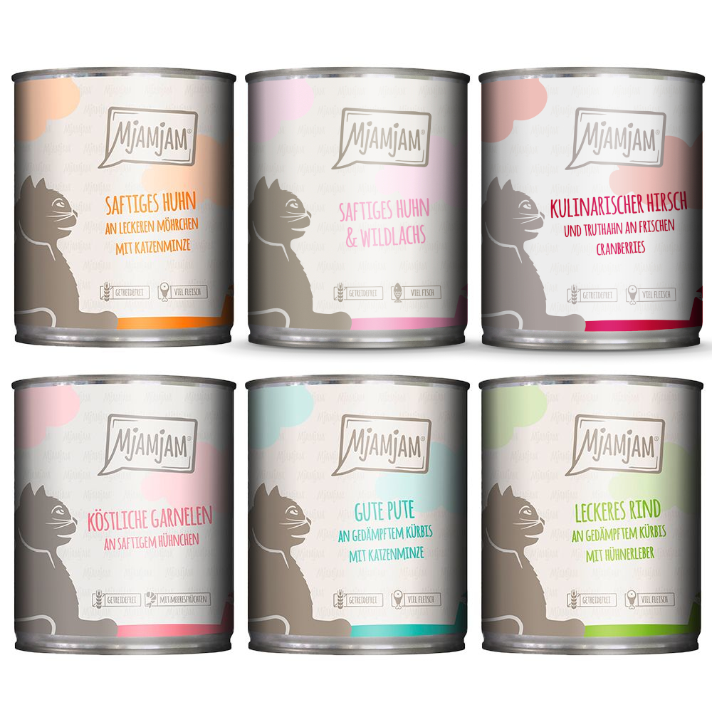 foto del prodotto set prova mjamjam 6 x 800 g umido gatto mix pollo, manzo, tacchino, gamberetti pollo, cervo, pollo salmone