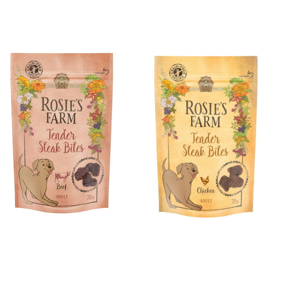 foto del prodotto set prova! rosie's farm mini umido cane - 2 x 70 g mini steak bites (pollo + manzo)