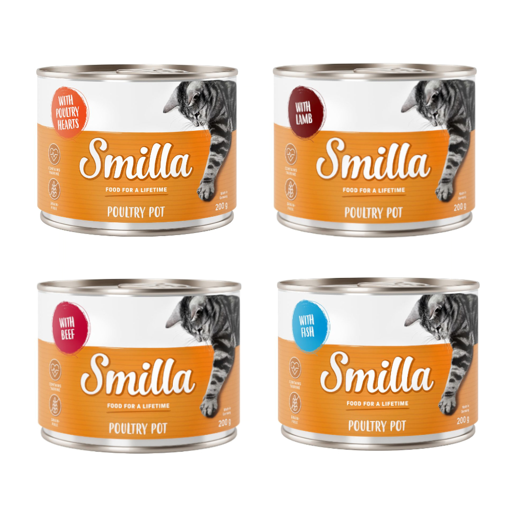 foto del prodotto set prova smilla delizie al pollo umido gatto 6 x 200 g 2 x cuori di pollo 2 x agnello 1 x manzo 1 x pesce