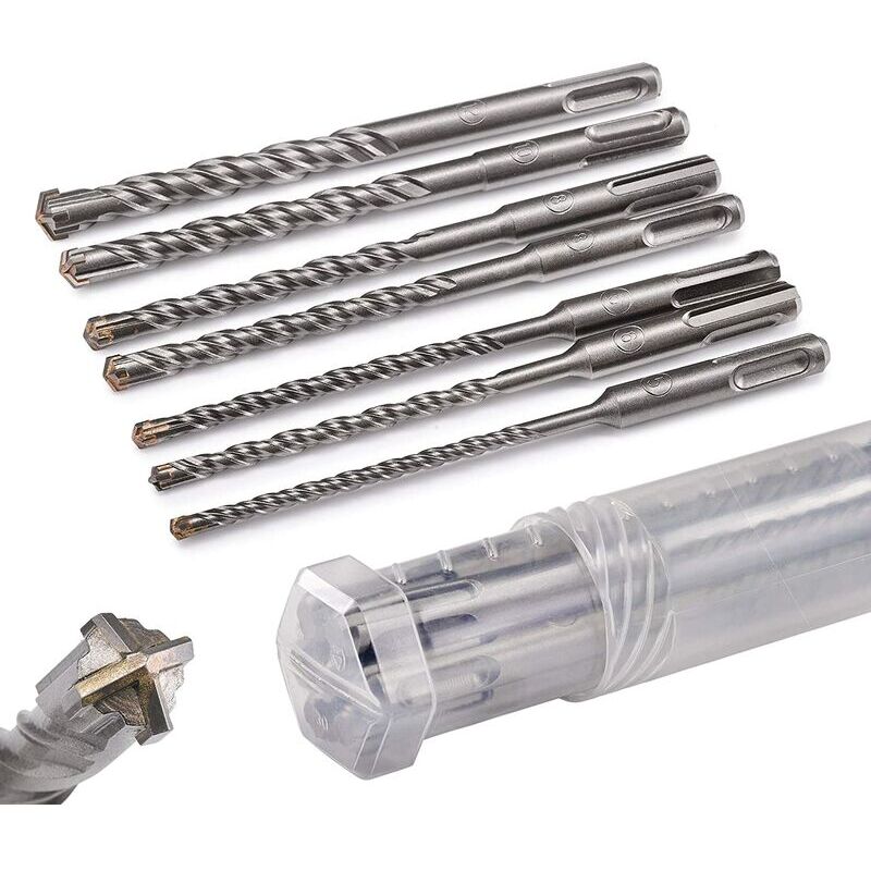 foto del prodotto set punte sds plus martello per calcestruzzo con 4 taglienti nelle misure 5,6,6,8,8,10,12 x 160 confezionato in una pratica scatola rotante.
