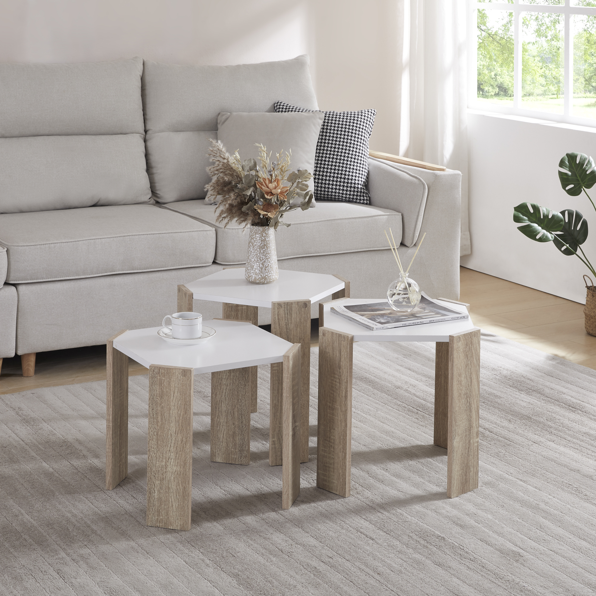 foto del prodotto set rantasalmi di 3 tavolini bassi in altezze diverse bianco effetto rovere en.casa 