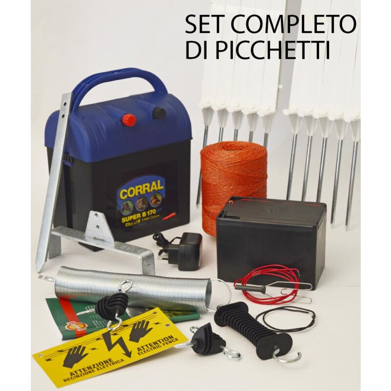 foto del prodotto set recinzione elettrica con elettrificatore, filo, barriera con molla per cancello, targa e 20 picchetti set recinto con batteria
