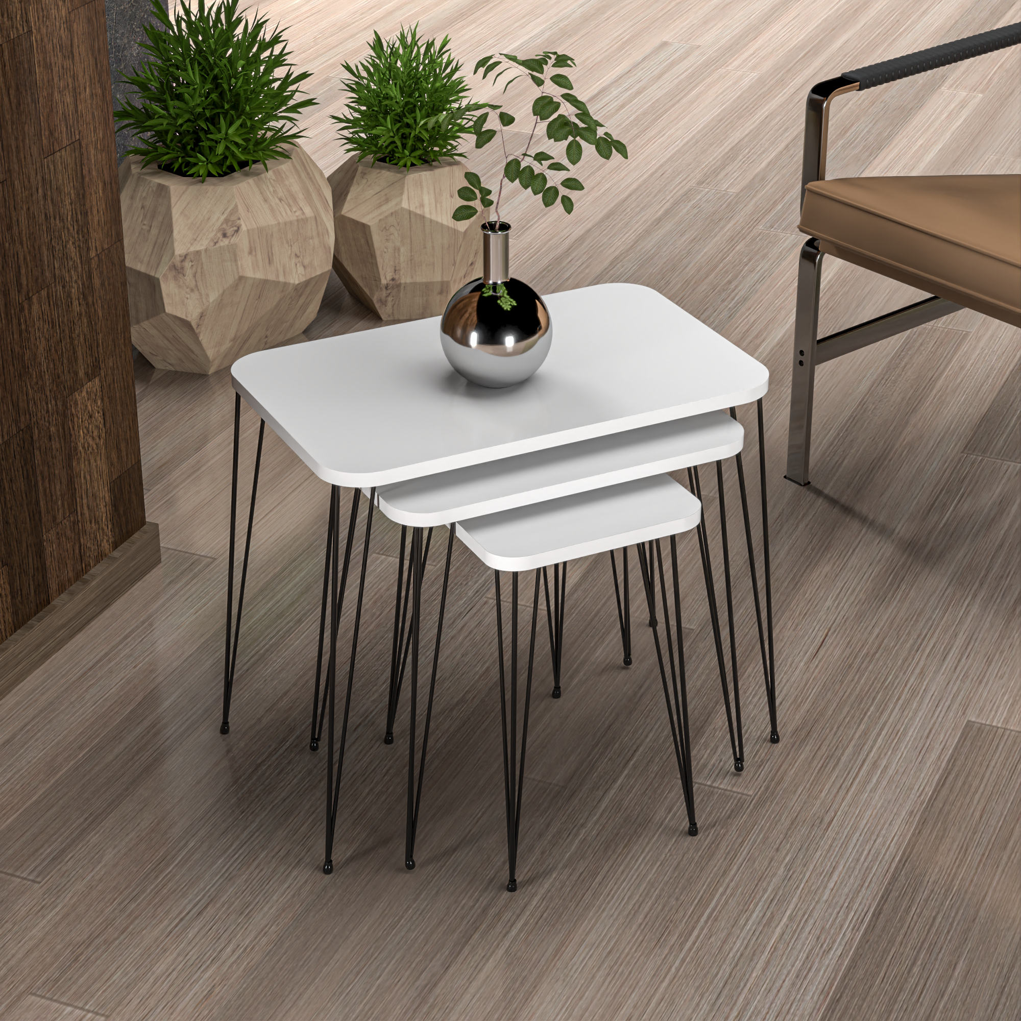 foto del prodotto set 'rudk bing' 3 tavolini sovrapponibili gambe a forcina e piano quadrato - bianco en.casa