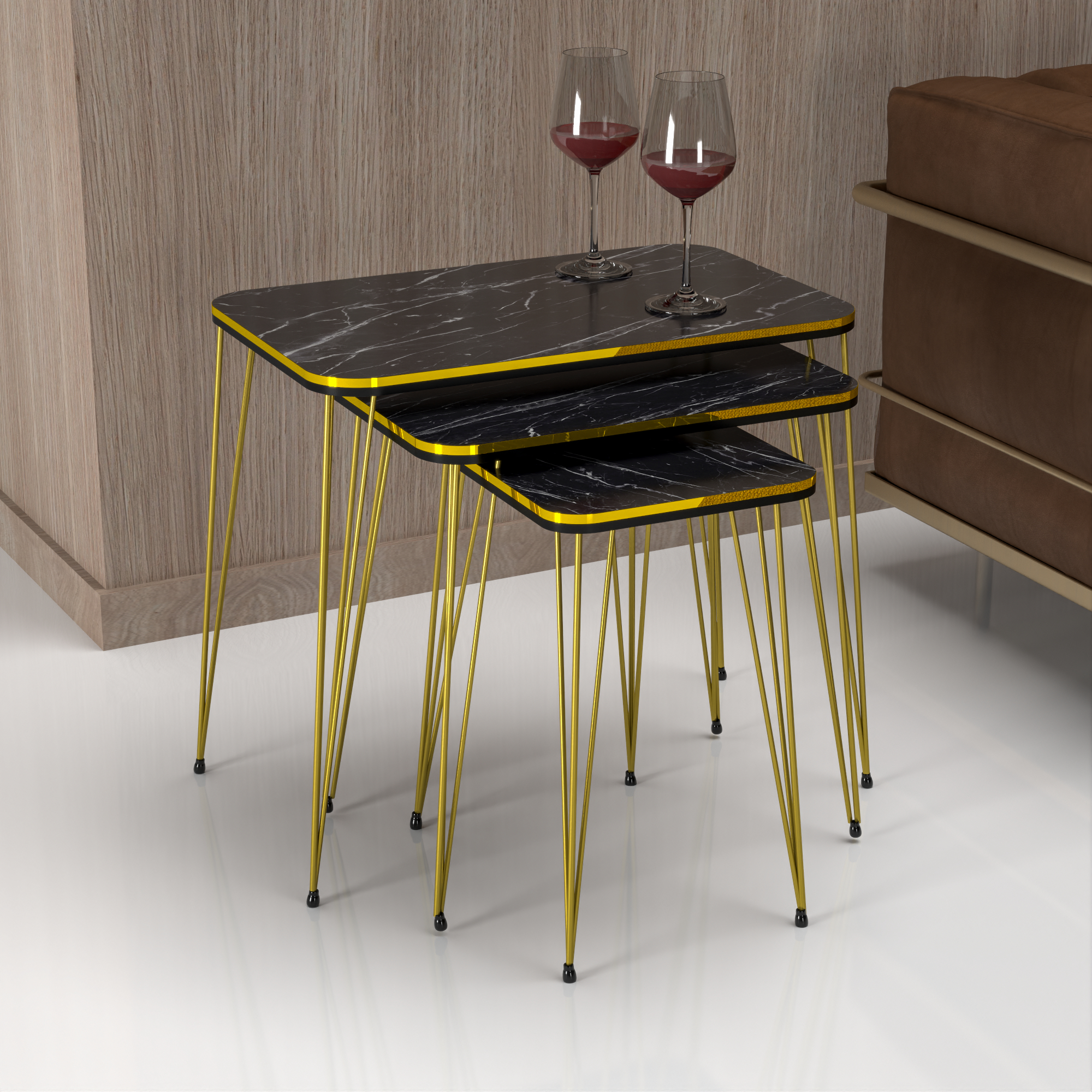 foto del prodotto set 'rudk bing' 3 tavolini sovrapponibili gambe a forcina e piano quadrato - effetto marmo nero / oro en.casa