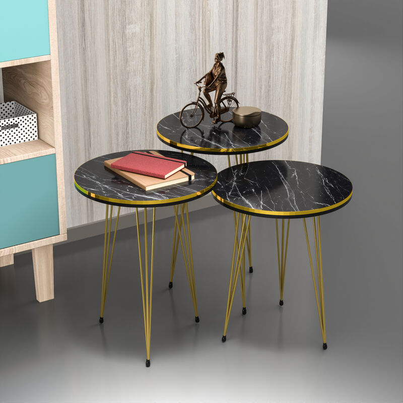 foto del prodotto set ry di 3 tavolini bassi da salotto tavolini in altezze diverse gambe a forcina e piano rotondo marmo nero oro en.casa 