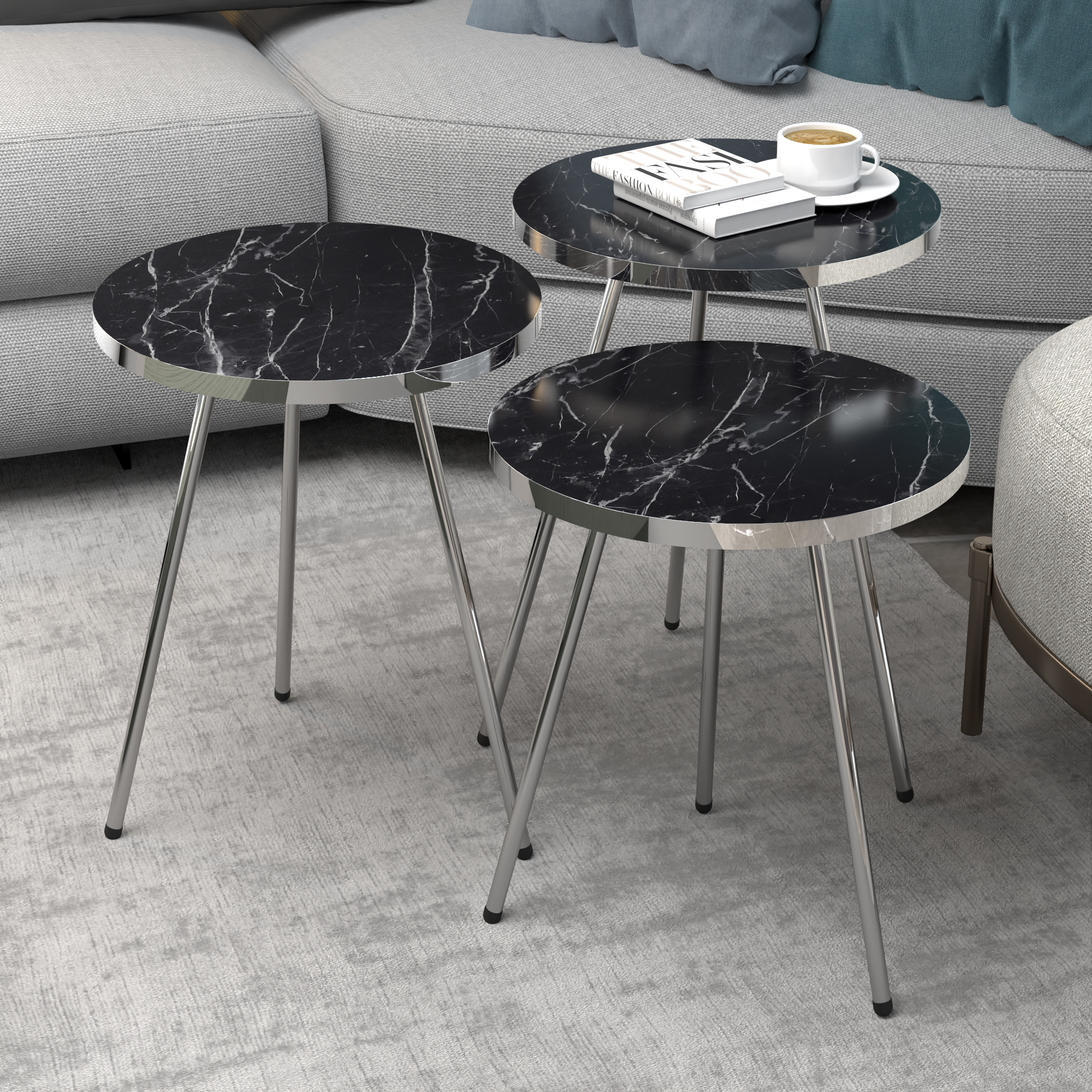 foto del prodotto set 'saksk bing' di 3 tavolini bassi da salotto in altezze diverse 3 tavolini a treppiede con piani rotondi - marmo nero