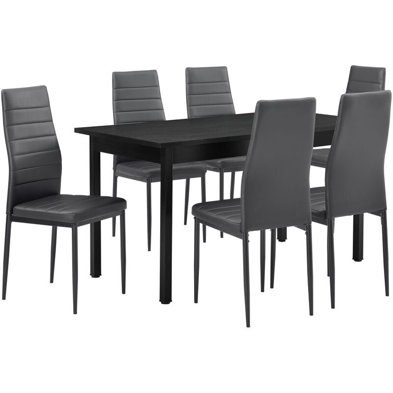 foto del prodotto set sala da pranzo bjerkvik tavolo 140x60 cm e 6 sedie imbottite rivestimento in similpelle nero grigio en.casa 