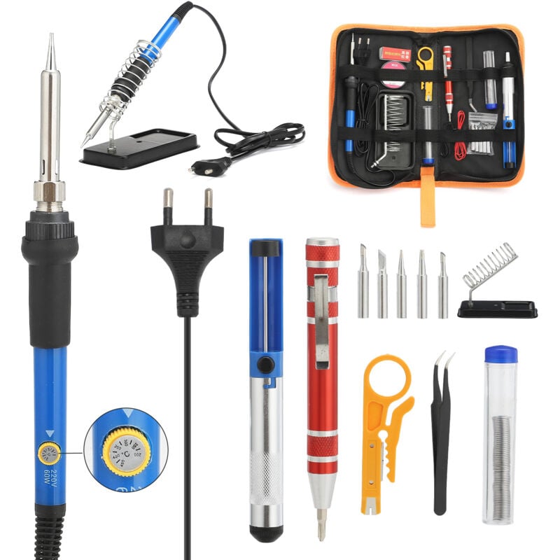 foto del prodotto set saldatore con interruttore on off, temperatura regolabile 200450 c, 5 punte per saldatura, filo per saldatura, borsa porta saldatore