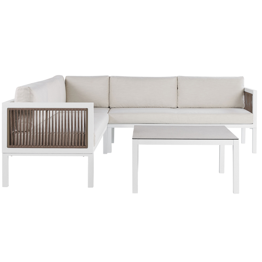 foto del prodotto set salotto 4 posti con tavolino bianco e marrone alluminio 4 posti con cuscini moderni