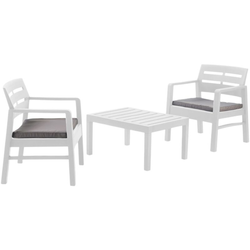 foto del prodotto set salotto da esterno alfio, composizione da giardino con 2 poltrone e 1 tavolino, salottino indoor e outdoor con cuscini, 100% made in italy, bianco - dmora