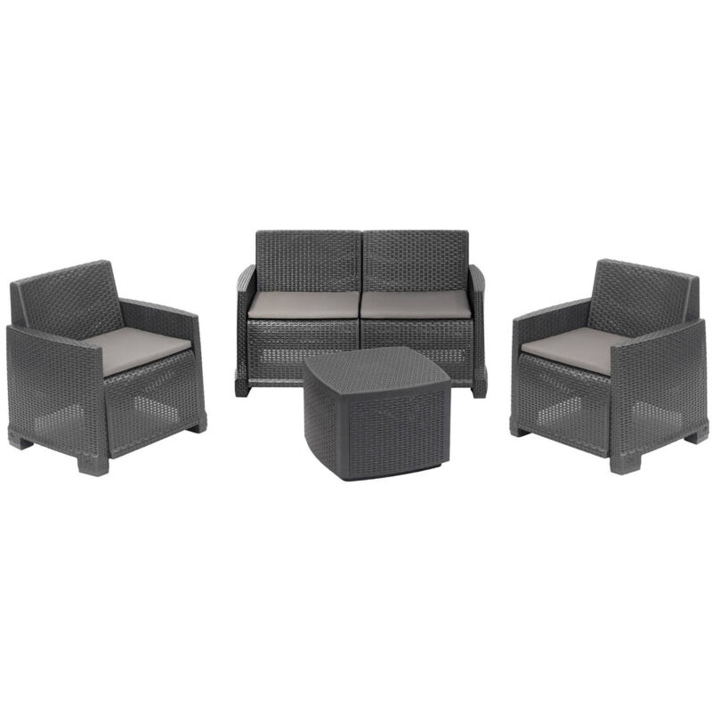 foto del prodotto set salotto da esterno amer, composizione da giardino con 2 poltrone, 1 divano e 1 tavolino contenitore, effetto rattan con cuscini, 100 made in
