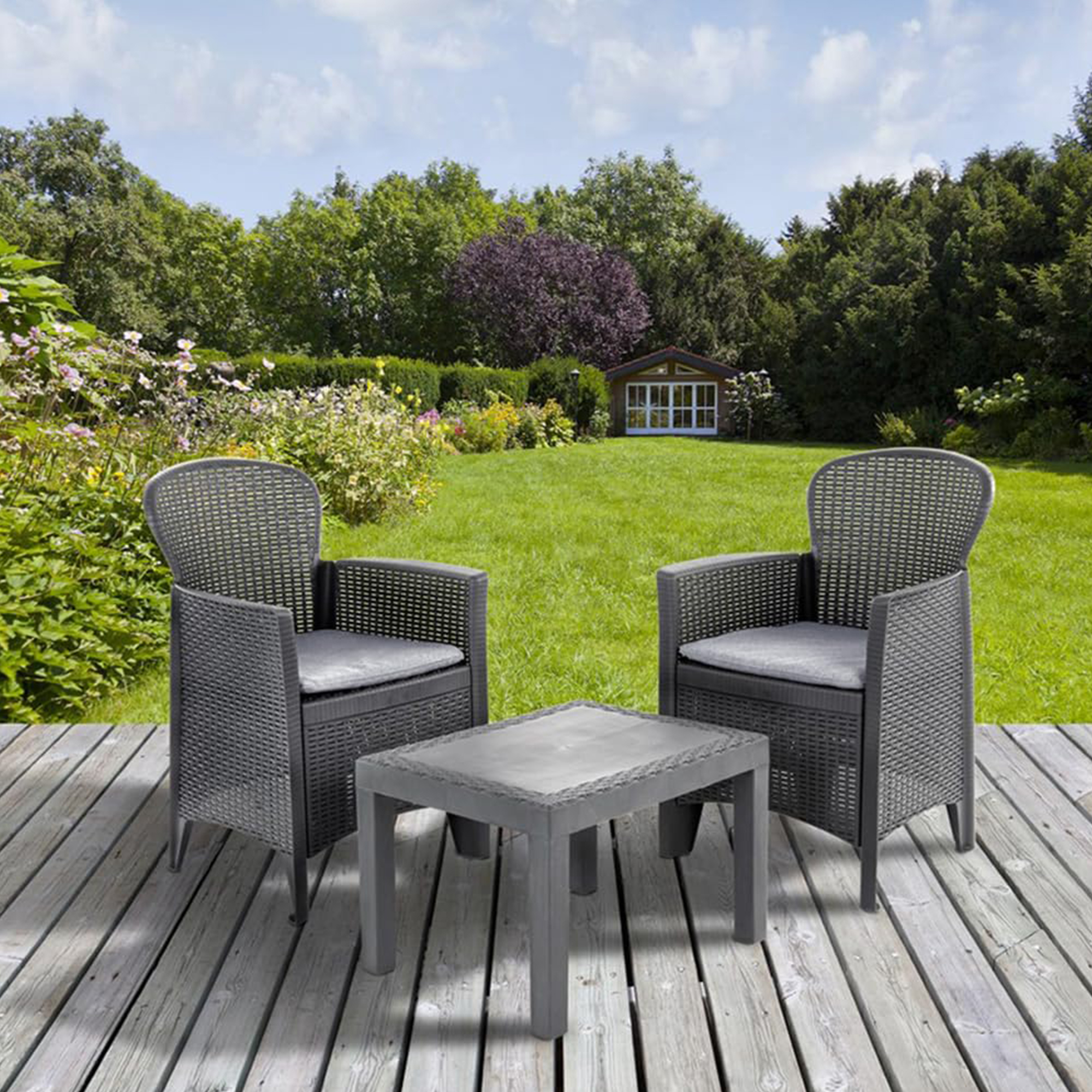 foto del prodotto set salotto da esterno aneta, set da giardino con cuscini composto da 2 poltrone e 1 tavolino, salottino indoor, 100 made in italy, cm 60x58h86, antracite