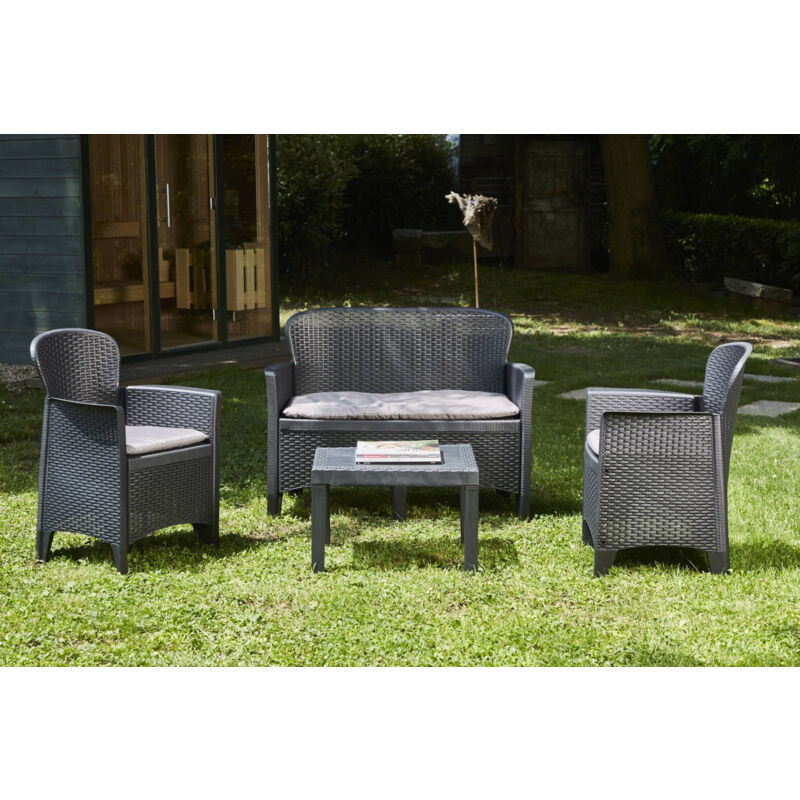 foto del prodotto set salotto da esterno anny, set da giardino, salottino effetto rattan, 100 made in italy, 1 divano, 2 poltrone e 1 tavolino contenitore, antracite