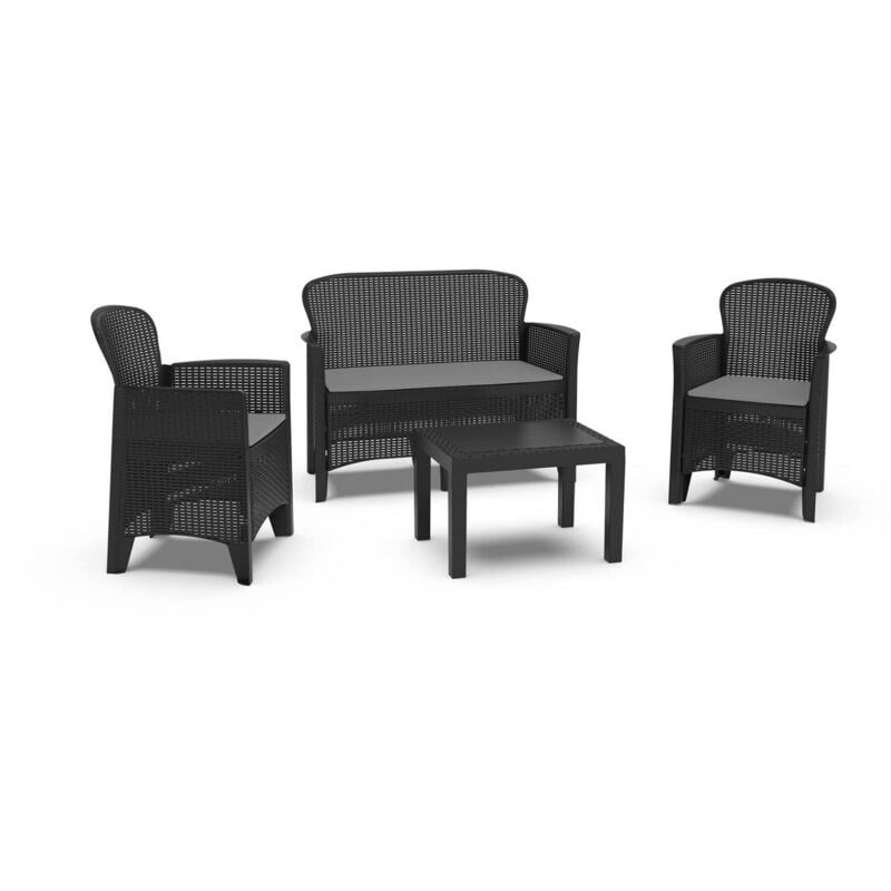foto del prodotto set salotto da esterno anny, set da giardino, salottino effetto rattan, 100 made in italy, 1 divano, 2 poltrone e 1 tavolino contenitore, antracite