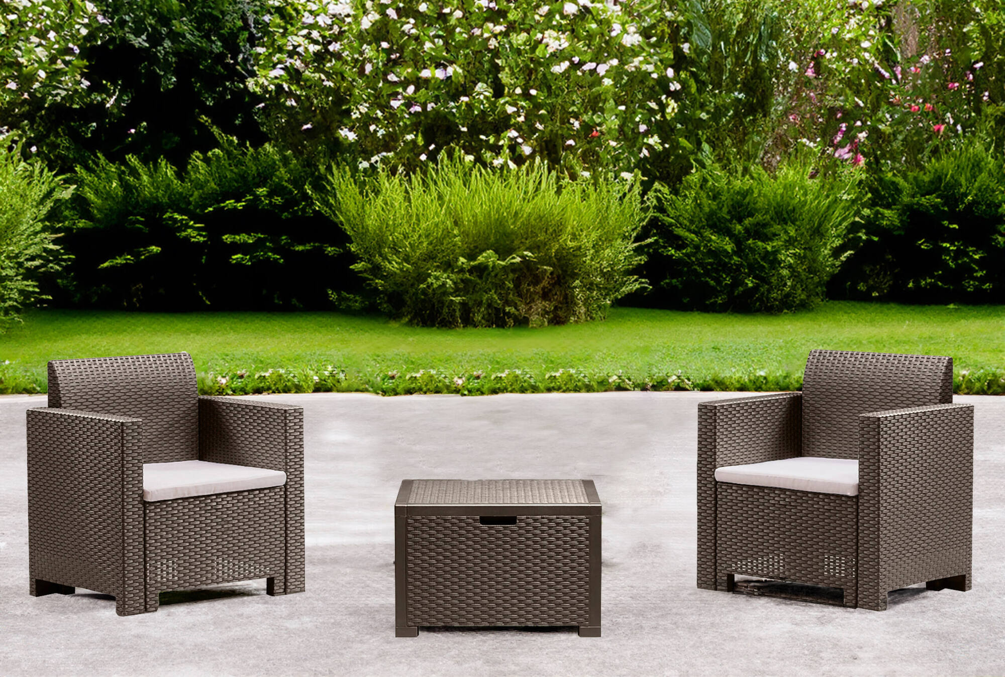 foto del prodotto set salotto da esterno apis, salottino outdoor, set da balcone o giardino, composizione soggiorno per esterni, made in italy, tortora
