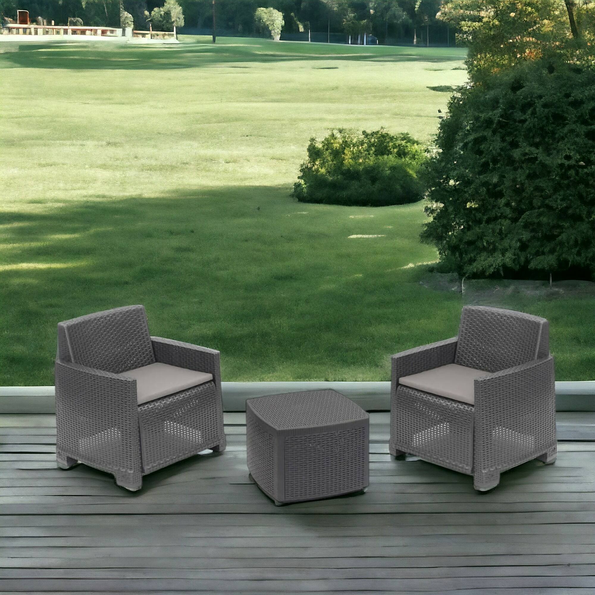 foto del prodotto set salotto da esterno ari, composizione da giardino con 2 poltrone e 1 tavolino contenitore, effetto rattan con cuscini, 100 made in italy, antracite