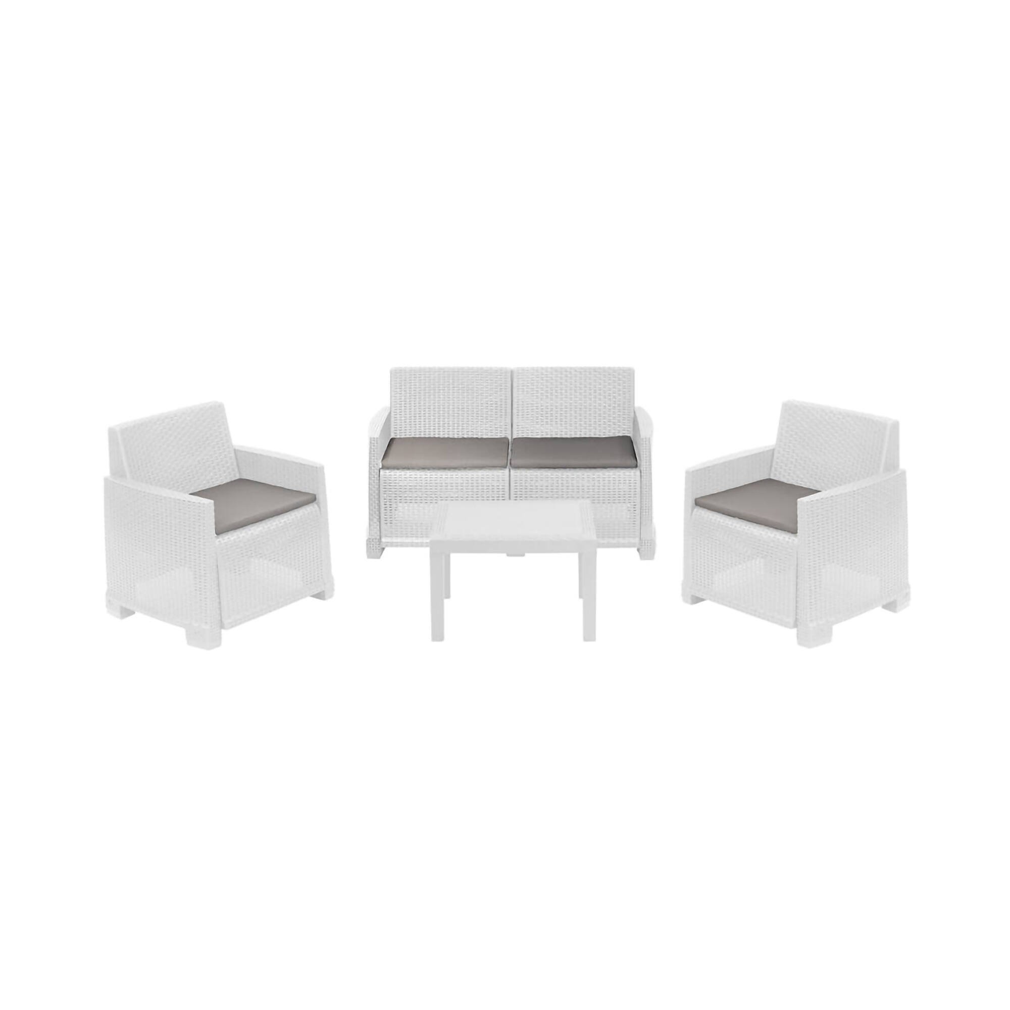 foto del prodotto set salotto da esterno atrito, composizione da giardino con 2 poltrone, 1 divano e 1 tavolino, effetto rattan con cuscini, 100 made in italy, bianco