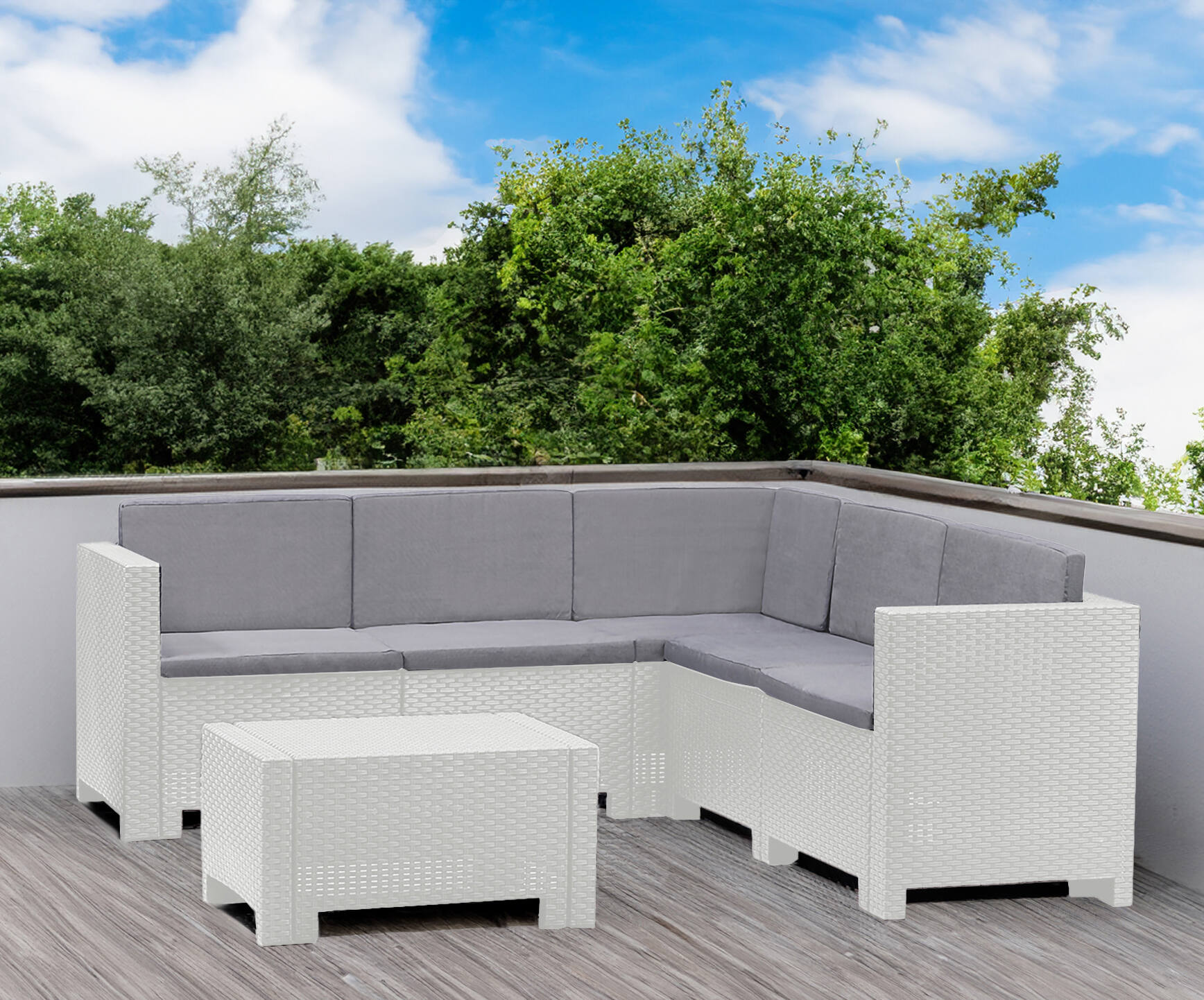 foto del prodotto set salotto da esterno camerota, salottino outdoor, set da balcone o giardino, composizione soggiorno per esterni, made in italy, bianco