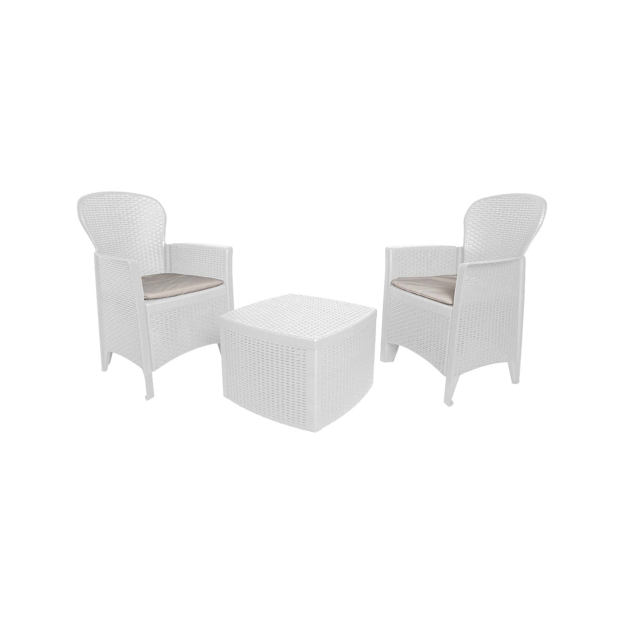 foto del prodotto set salotto da esterno dakain, set da giardino con cuscini composto da 2 poltrone, 1 divano e 1 tavolino, salottino indoor effetto rattan, 100 made in italy, cm 60x58h90, bianco