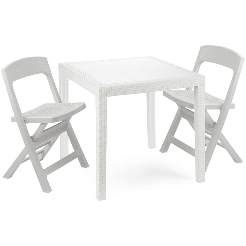 foto del prodotto set salotto da esterno falconara, salottino outdoor o indoor, tavolo quadrato con 2 sedie pieghevoli, made in italy, bianco dmora