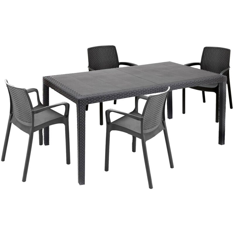 foto del prodotto set salotto da esterno lograto, salottino outdoor e indoor, tavolo rettangolare fisso con 4 sedie impilabili, made in italy, antracite dmora