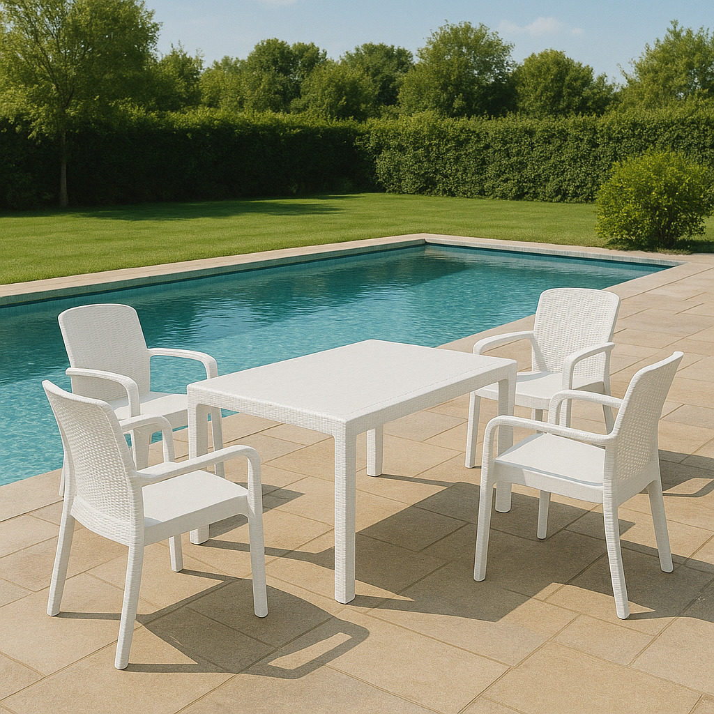 foto del prodotto set salotto da esterno lograto, salottino outdoor e indoor, tavolo rettangolare fisso con 4 sedie impilabili, made in italy, bianco