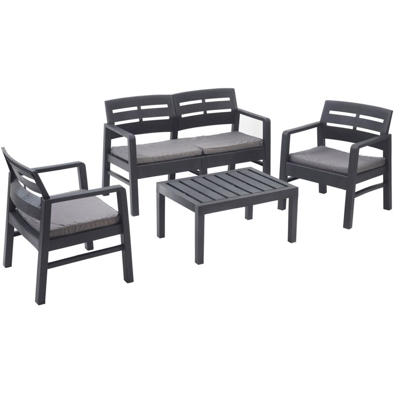 foto del prodotto set salotto da esterno, set da giardino con 2 poltrone, 1 divano ed 1 tavolino, salottino indoor e outdoor con cuscini, 100 made in italy, antracite