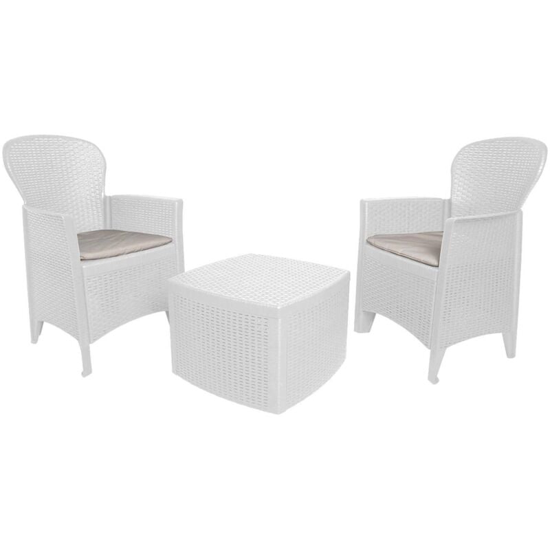 foto del prodotto set salotto da esterno, set da giardino con 2 poltrone ed 1 tavolino contenitore, salottino effetto rattan, 100 made in italy, bianco