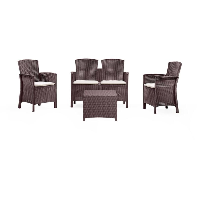 foto del prodotto set salotto da esterno, set da giardino con cuscini, salottino indoor e outdoor effetto rattan, 100 made in italy, marrone