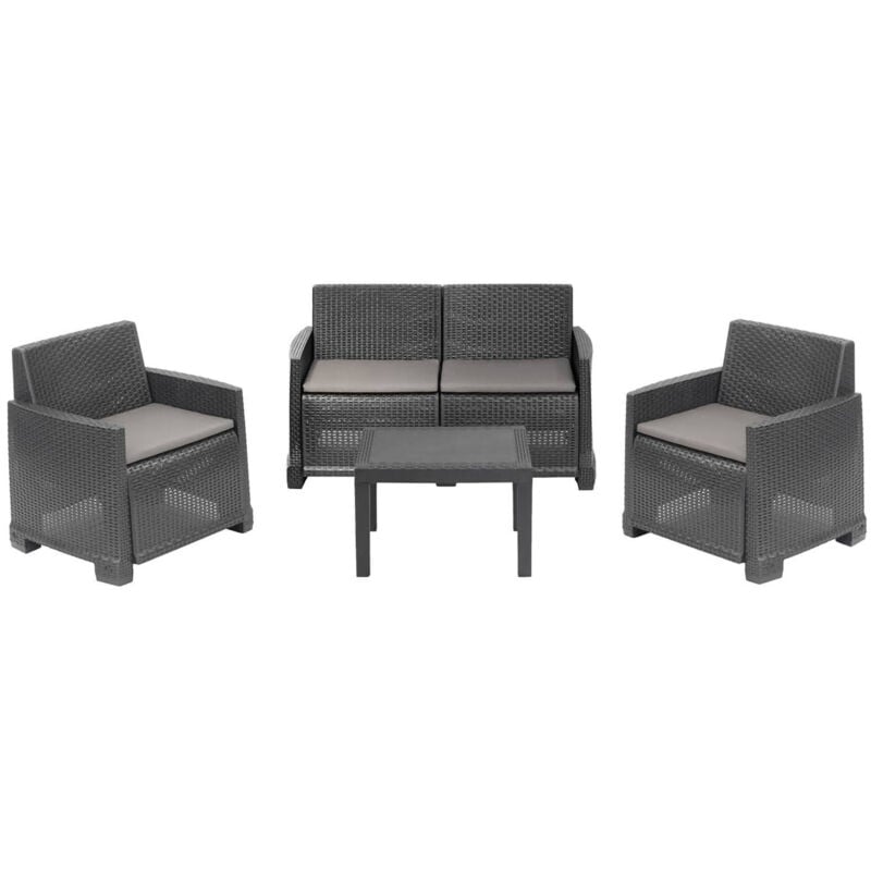 foto del prodotto set salotto da esterno vieste, set da giardino con 2 poltrone, 1 divano e 1 tavolino, effetto rattan con cuscini, 100 made in italy, antracite, con