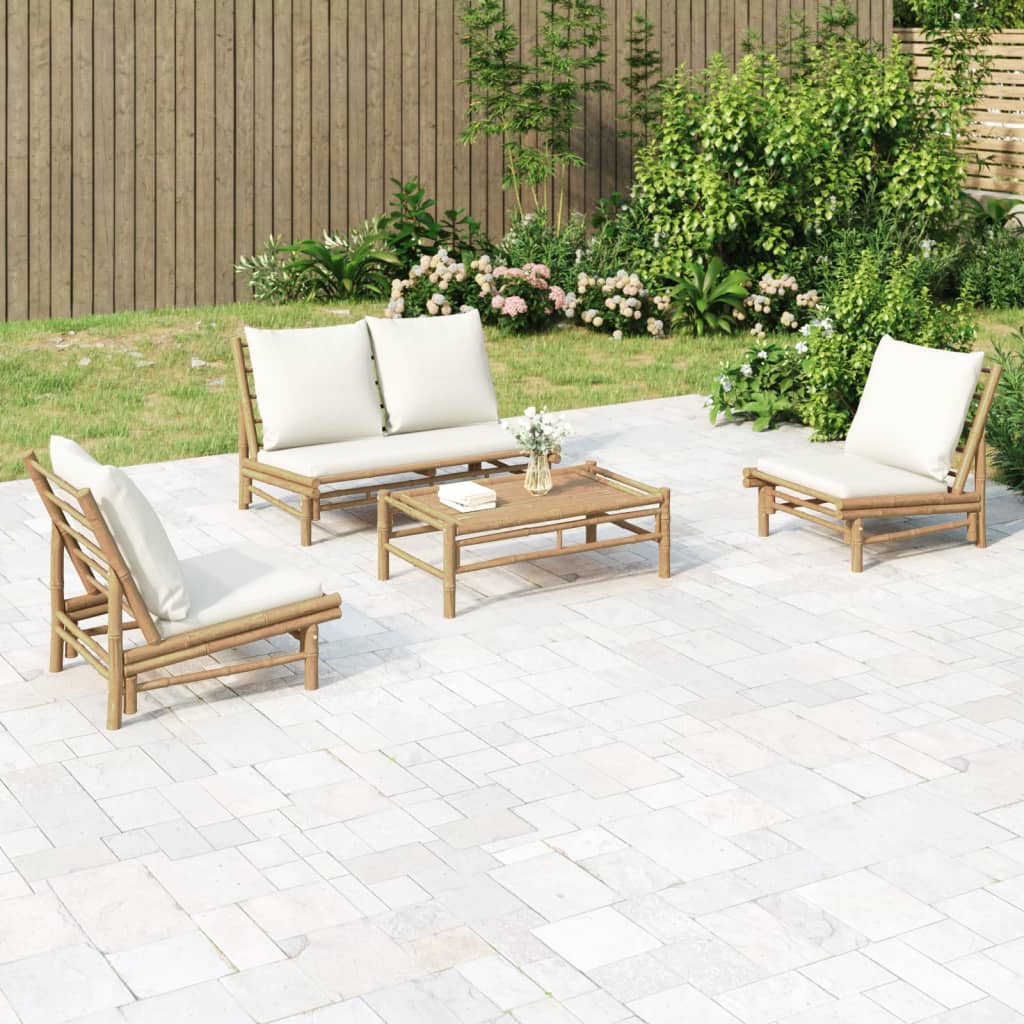 foto del prodotto set salotto da giardino 4pz con cuscini bianco crema in bamb 