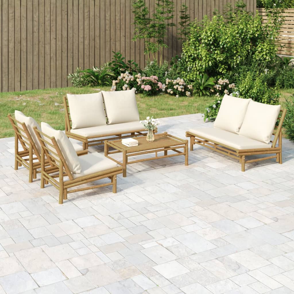 foto del prodotto set salotto da giardino 5pz con cuscini bianco crema in bamb cod mxl 100353