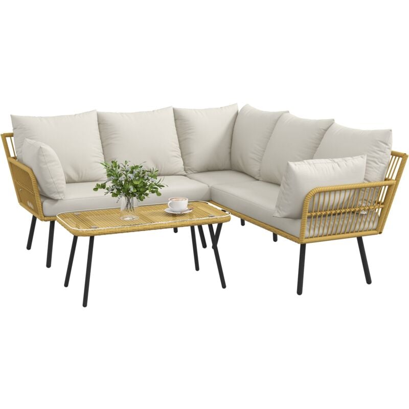 foto del prodotto set salotto da giardino divano angolare e tavolino in rattan e poliestere bianco crema