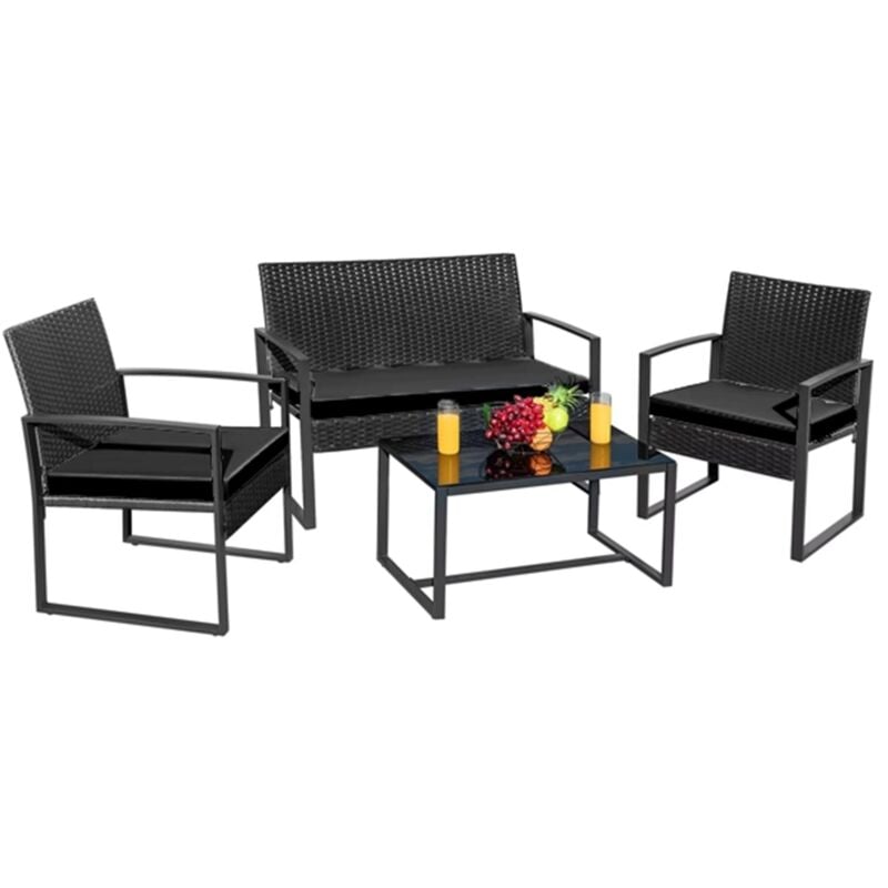 foto del prodotto set salotto da giardino in rattan pe 5 pezzi con cuscini sfoderabili e tavolo con piano in vetro temperato