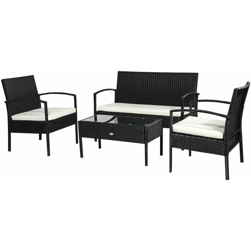 foto del prodotto set salotto da giardino in rattan sintetico tavolino 2 poltrone e divano con cuscini nero