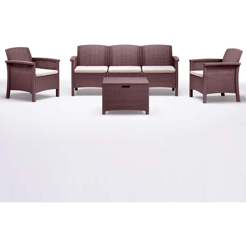 foto del prodotto set salotto da giardino venezia iii un divano tre posti poltrone e tavolino in polipropilene effetto rattan marrone con cuscini