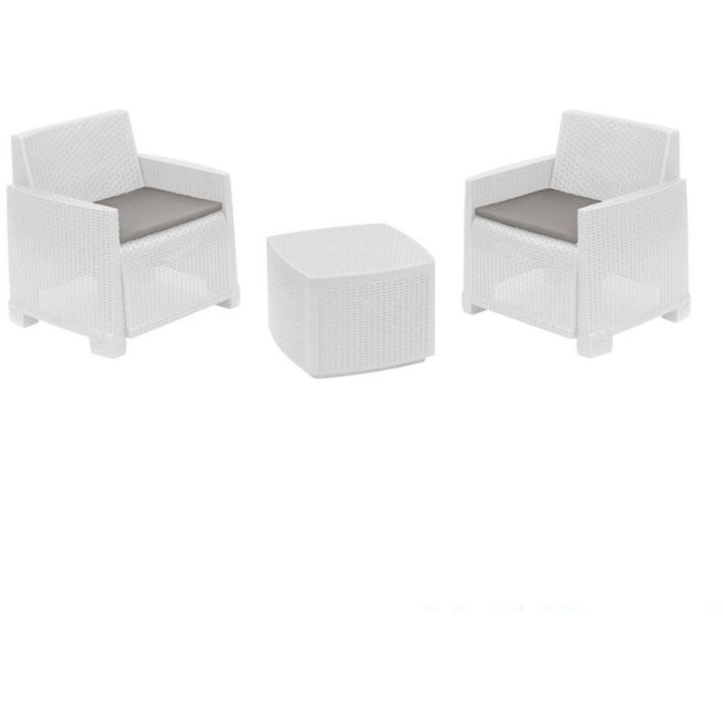 foto del prodotto set salotto esterno con 2 poltrone tavolino contenitore effetto rattan cuscini giardino bianco trade shop traesio