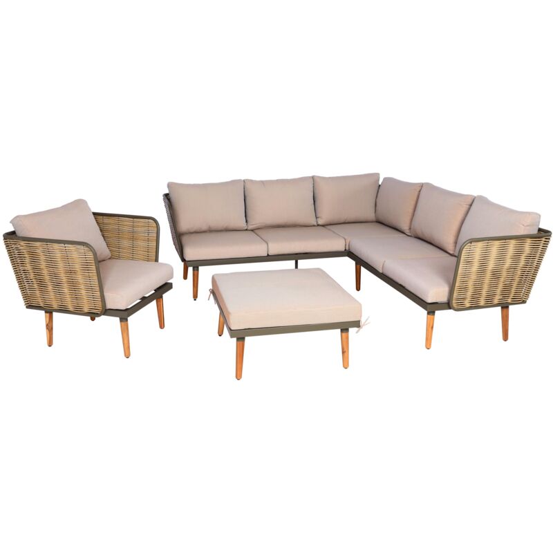 foto del prodotto set salotto giardino esterno salottino componibile hhg 133 intreccio polyrattan acciaio spun poly cuscini marrone beige