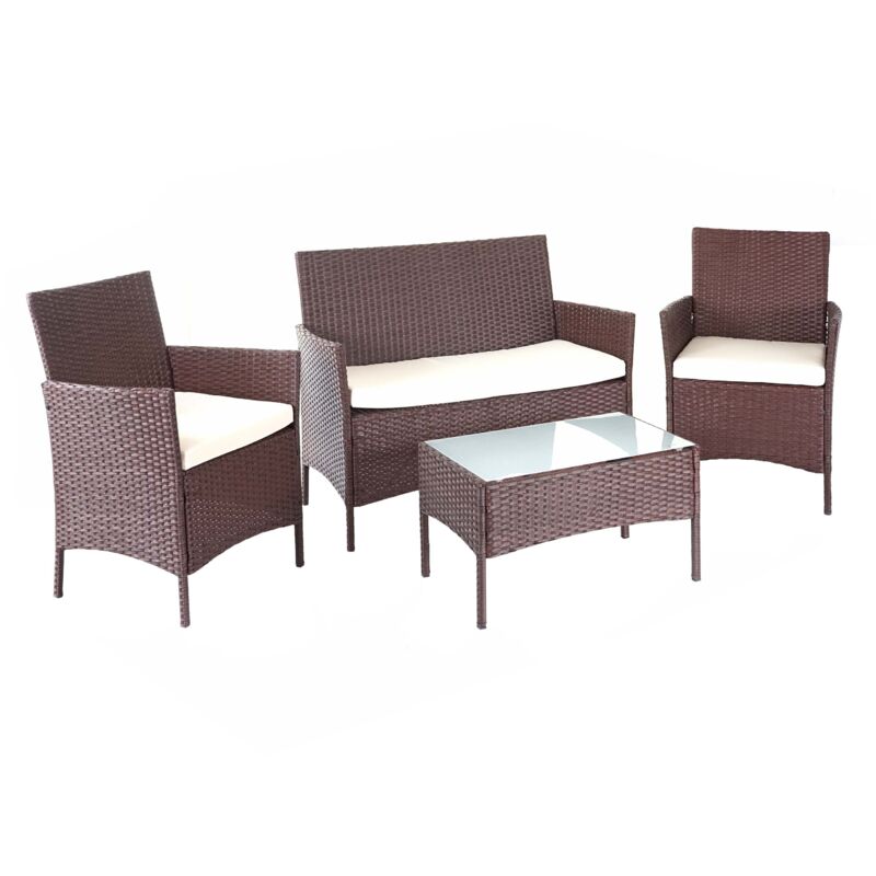 foto del prodotto set salotto giardino esterno salottino elegante hhg 502 polyrattan marrone con cuscini avorio