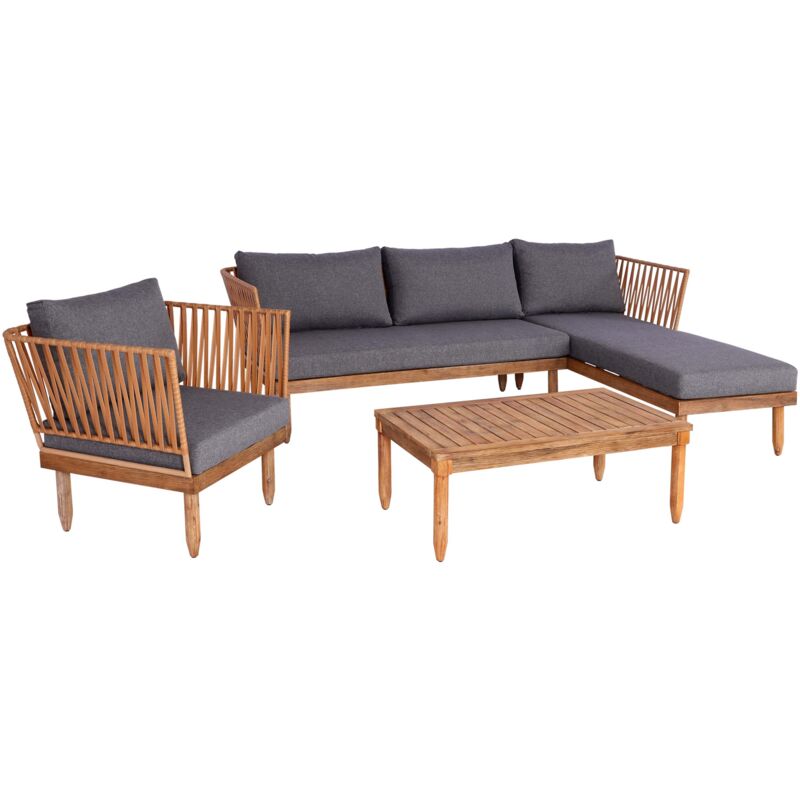 foto del prodotto set salotto giardino esterno salottino hhg 104 intreccio polyrattan acciaio legno acacia cuscini grigio scuro