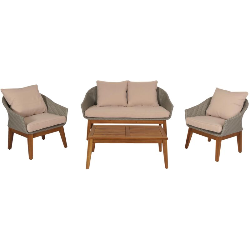 foto del prodotto set salotto giardino esterno salottino hhg 222 intreccio polyrattan acciaio legno di acacia grigio cuscini beige
