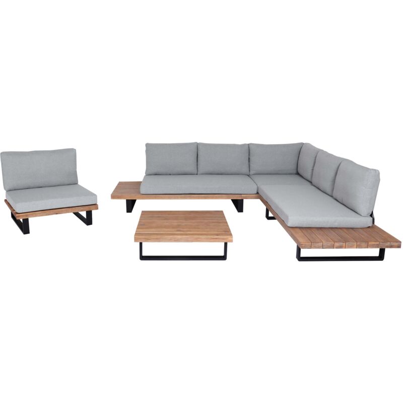 foto del prodotto set salotto giardino esterno salottino poltrona hhg 469 legno acacia alluminio marrone chiaro con cuscini grigio chiaro