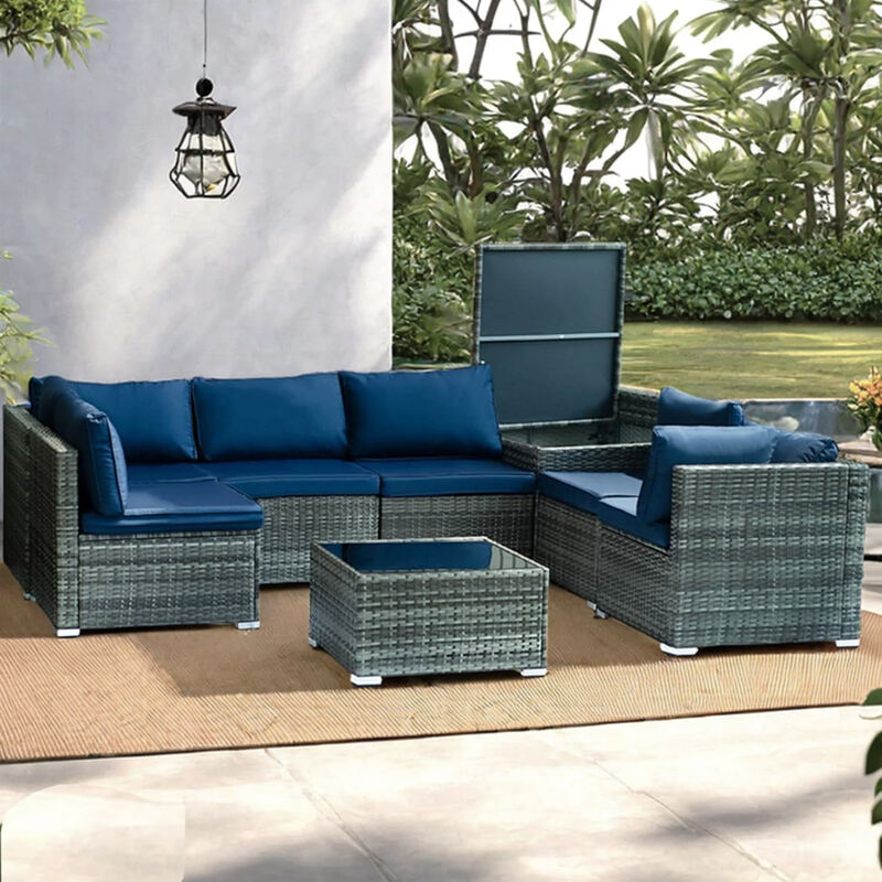 foto del prodotto set salotto patio divano 8 pezzi componibile in polyrattan e tavolo contenitore