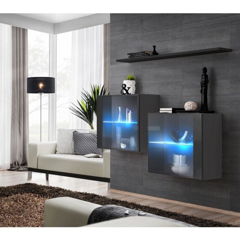 foto del prodotto set salotto switch sbiii grigio lucido, porta in vetro con led integrato, scaffale nero, design moderno