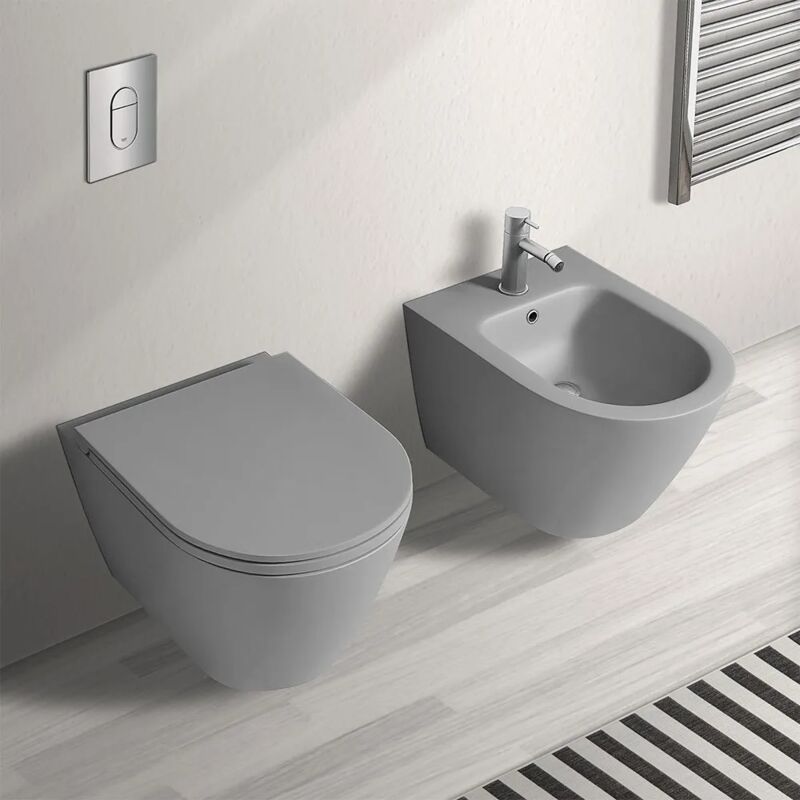foto del prodotto set sanitari bagno sospesi feeling rimless grigio opaco con copriwc softclose