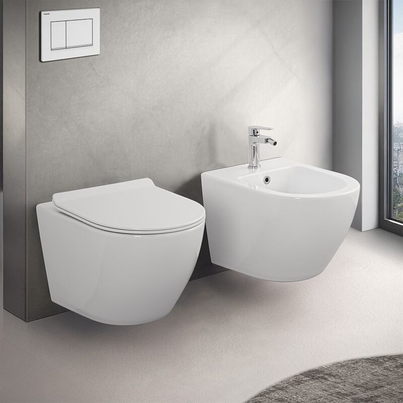 foto del prodotto set sanitari sospesi salvaspazio rimless serie tokyo con copriwc rallentato